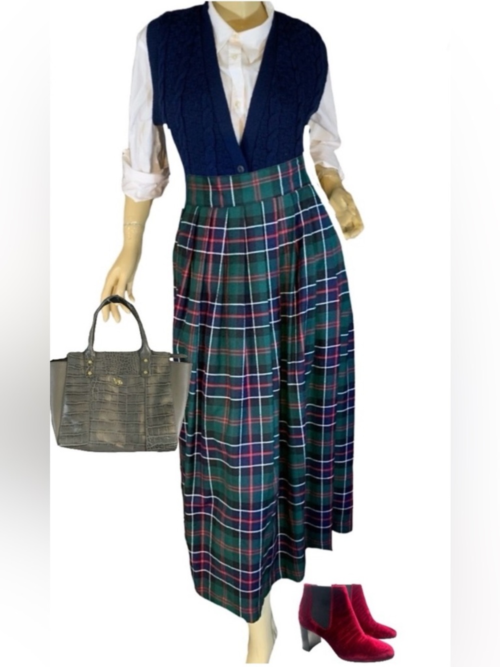 KAREN SCOTT VINTAGE 1990'S GREEN, BLUE, RED & BLACK PLAID A-LINE SKIRT (10)